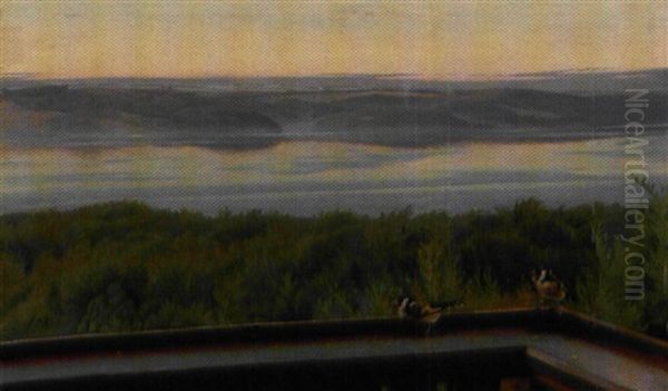 To Stillitser Pa Terrassen (fra De Nuvaerende Hotel Munkebjerg I Vejle) Oil Painting by Harald Slott-Moller