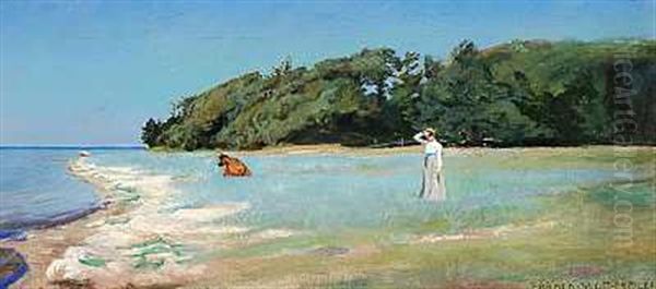 Strandparti Med Kvinde Og Ko Oil Painting by Harald Slott-Moller