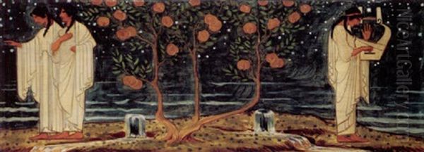 Stjerneklar Nat Med Lyrespiller Og To Unge Piger Ved Et Trae Med Guldaebler Oil Painting by Harald Slott-Moller