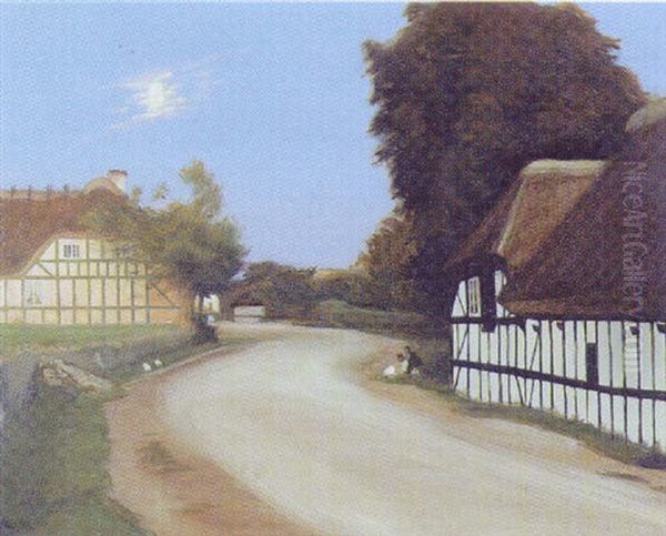 Landsbygade Med Born I Skumringen, Falsled Oil Painting by Harald Slott-Moller