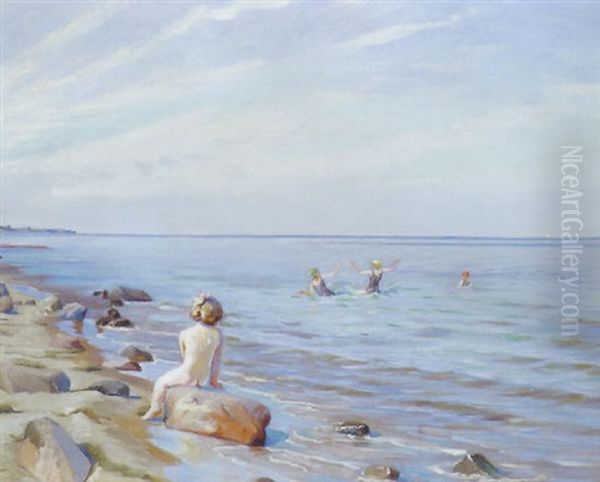 Strandparti Med Lille Pige Pa En Sten Og Badende Born Oil Painting by Harald Slott-Moller