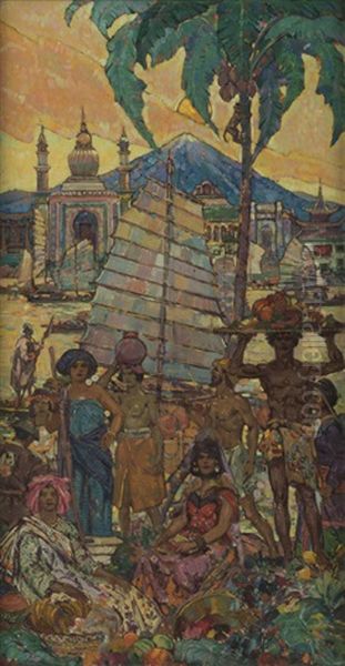 Indonesian Scene With Figures Oil Painting by Frank J. Van Sloun