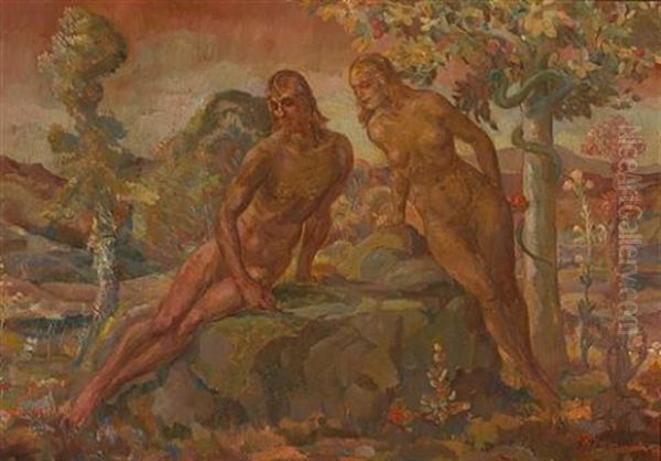 Adam And Eve Oil Painting by Frank J. Van Sloun