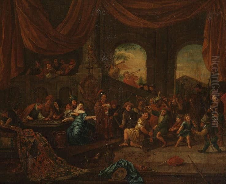 De Bespotting Van Samson. Doek. Oil Painting by Richard Brakenburgh