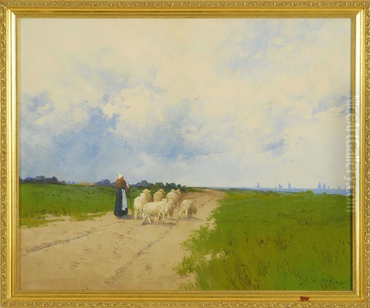 Shepherdess And Sheep On A Country Road Oil Painting by Clarence E. Braley