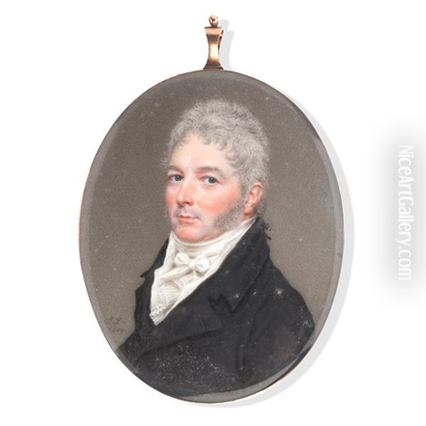 A Portrait Miniature Of A Gentleman, Wearing Black Coat, White Waistcoat, Stock And Cravat Oil Painting by John Ii Smart