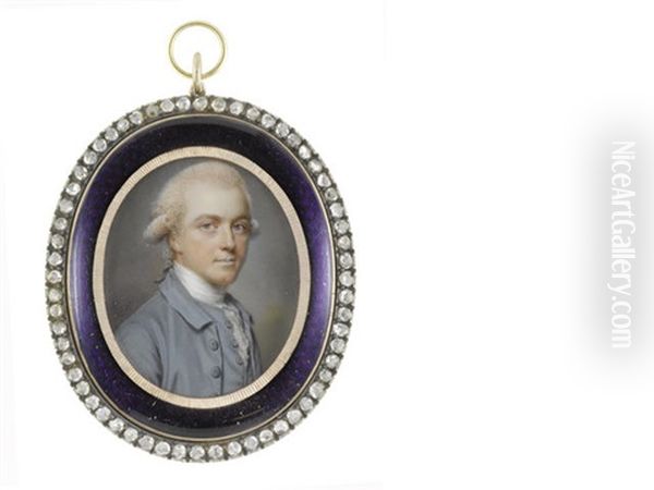 A Gentleman, Wearing Blue Coat And Matching Waistcoat, White Chemise, Stock And Lace Cravat, His Powdered Wig Worn En Queue And Tied With Black Ribbon Oil Painting by John Ii Smart