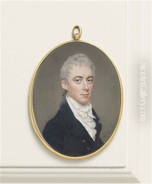 William Domville, In Dark Blue Coat With Gold Buttons, White Waistcoat Pleated Jabot And Knotted Cravat, Short Powdered Hair Oil Painting by John Ii Smart
