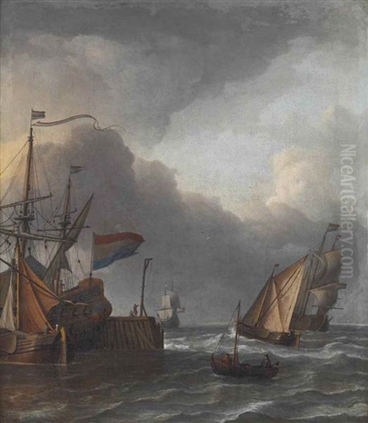 An Entrance To A Harbour With Moored Vessels At A Quay Oil Painting by Aernout Smit