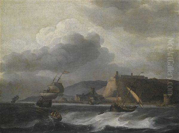 Shipping Off A Coast In Choppy Water Oil Painting by Aernout Smit