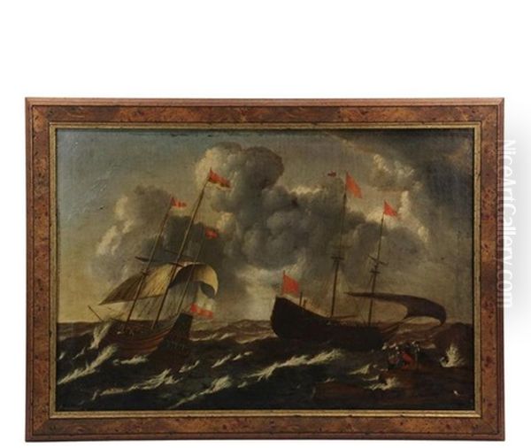 Two Ships In Distress In Coastal Storm, Three Figures On Shore Oil Painting by Aernout Smit