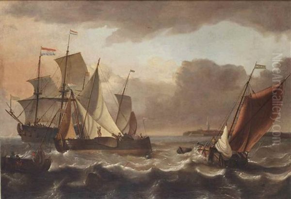A Barge Under Sail Tacking With A Merchantman And A Pink Lowering Sails In A Stiff Breeze, A Three-master Beyond, A Town On The Shore In The Distance Oil Painting by Aernout Smit