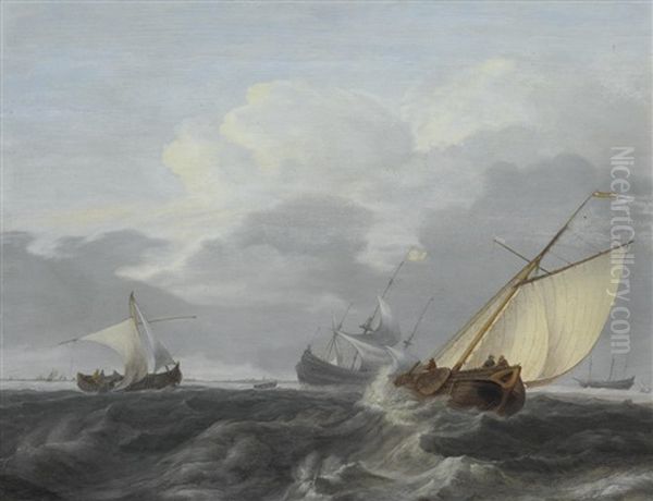 Dutch Ships In A Stiff Breeze, With A Coastline Beyond Oil Painting by Aernout Smit