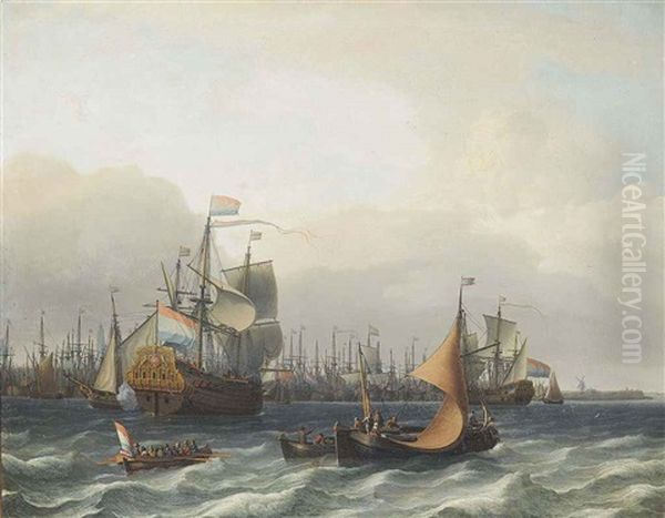 The Dutch Fleet Lying In The Harbour At Amsterdam, With The Flagship Approaching Oil Painting by Aernout Smit