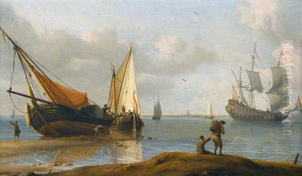 Kustenlandschaft Mit Segelschiffen Und Staffage Oil Painting by Aernout Smit