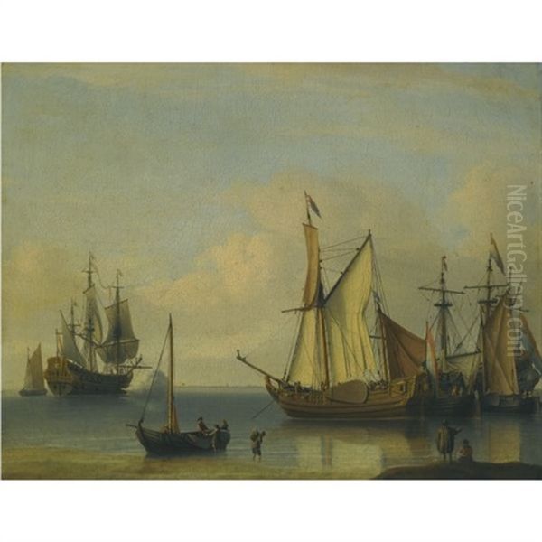 Dutch Vessels Anchored Close To The Shore In A Calm Oil Painting by Aernout Smit