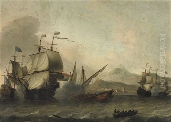 A Naval Engagement, Said To Be The Battle Of Agosta, 22 April 1676 Oil Painting by Aernout Smit