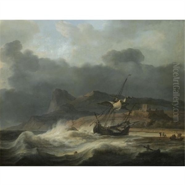 A Mountainous Coastal Landscape With A Ship Beached In A Storm, Figures Gathering Cargo To The Right Oil Painting by Aernout Smit