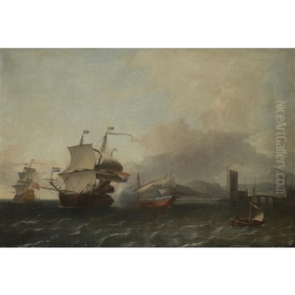 Dutch And English Shipping Off A Mediterranean Coast, With A Man-o-war Firing A Salute To A State Barge Oil Painting by Aernout Smit