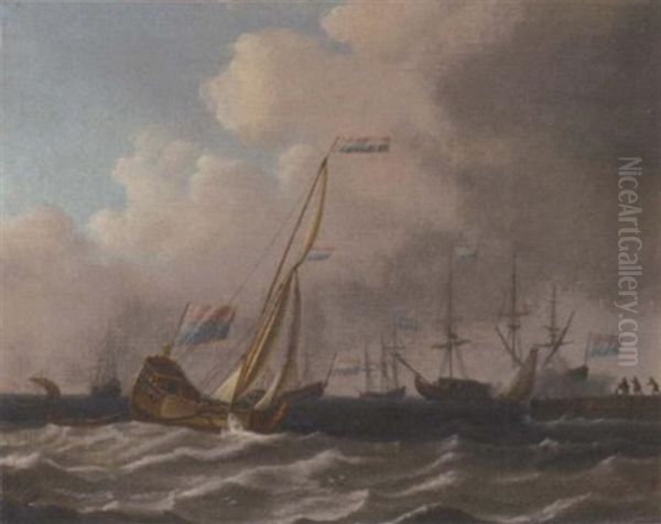 A Dutch Admiralty Yacht Runnign Into Port With A Warship Saluting Off A Bay Oil Painting by Aernout Smit