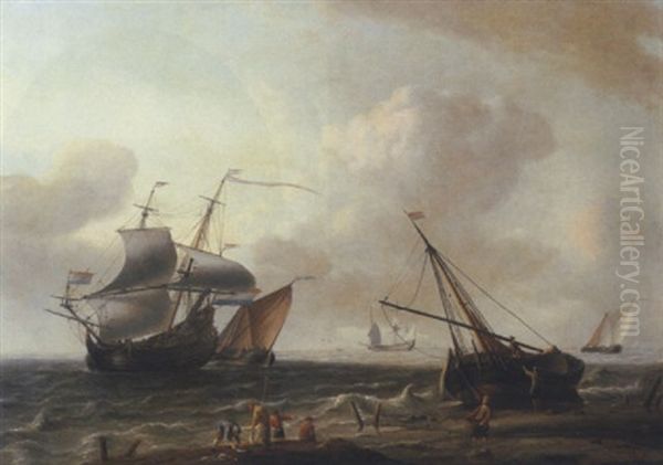 Sailing Ships Off The Coast With A Two Master Making Way, Fishermen On The Beach In The Foreground Oil Painting by Aernout Smit
