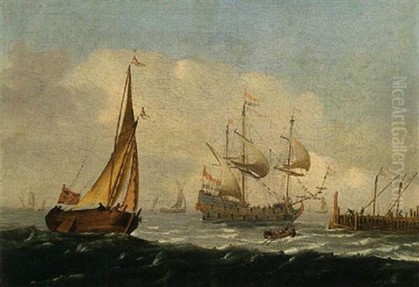 A Merchantman, A Wijdschip And A Bowing Boat In A Breeze Near A Quay Oil Painting by Aernout Smit