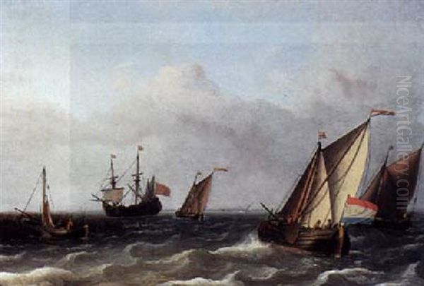 Dutch Smalschips In Choppy Water, With A Large Flute In The Distance And A Sailing Vessel Moored At A Jetty To The Left Oil Painting by Aernout Smit