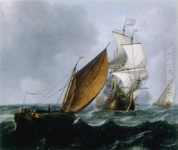A Wijdschip Running Before The Wind While A Merchantman Fires A Salute, In A Stiff Breeze Oil Painting by Aernout Smit