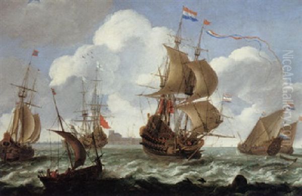 A Shipping Scene With Dutch Frigates On Choppy Seas Oil Painting by Aernout Smit