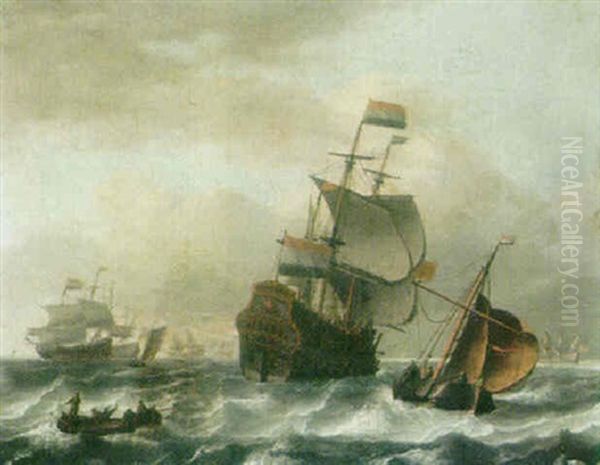 A Dutch Man-o-war, A Sailing Barge And Figures In A Small Boat In A Choppy Sea Oil Painting by Aernout Smit