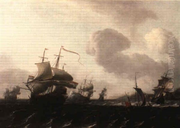 Dutch Men-o'-war, Including A Flagship Firing A Salute Oil Painting by Aernout Smit