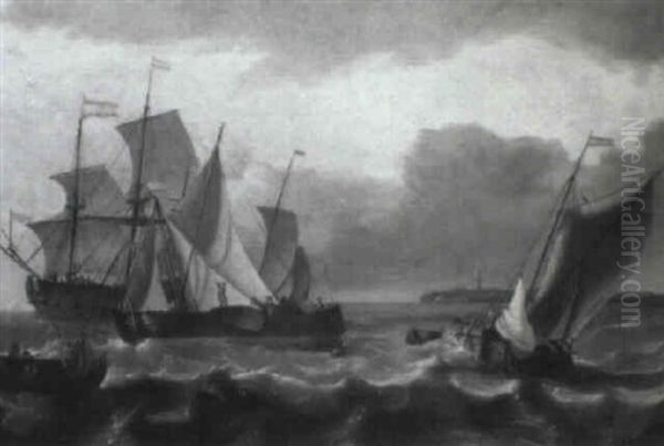 An Aak Tacking In A Stiff Breeze, With A Wijdschip And Pink Lowering Sails Oil Painting by Aernout Smit