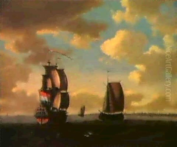 Segelschiffe Auf Ruhiger See, Im Hintergrund Die Stadt      Enkhuizen (?) Oil Painting by Aernout Smit