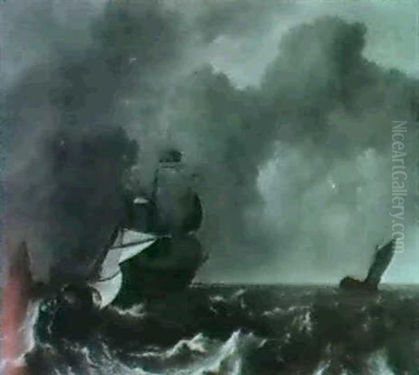 A Wijdschip Going About As It Approaches A Three-master In  Stormy Weather, Other Shippingnearby. Oil Painting by Aernout Smit