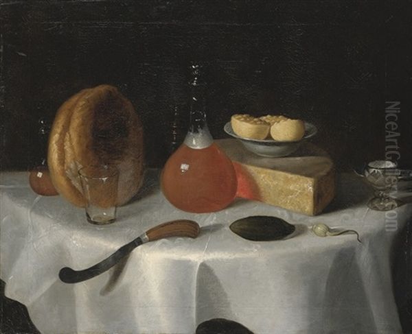 A Loaf Of Bread, A Flask Of Ale, A Wedge Of Cheese, A Knife And A Pickle On A Table Oil Painting by George Smith of Chichester