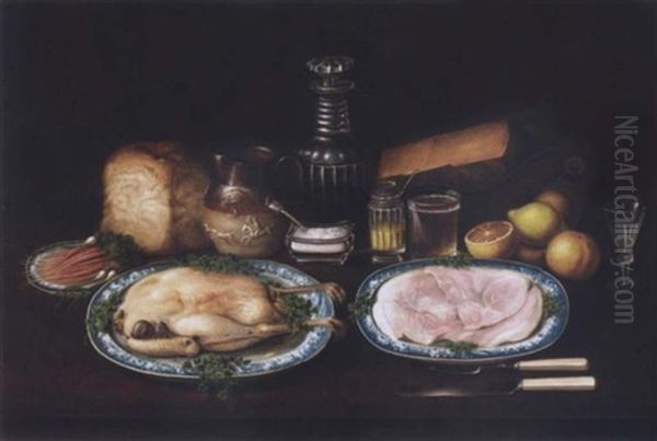 A Still Life Of Meat, Fruit And Vegetables On A Table Oil Painting by George Smith of Chichester