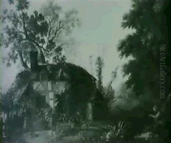 Figures In A Garden, A Thatched House Beyond Oil Painting by George Smith of Chichester