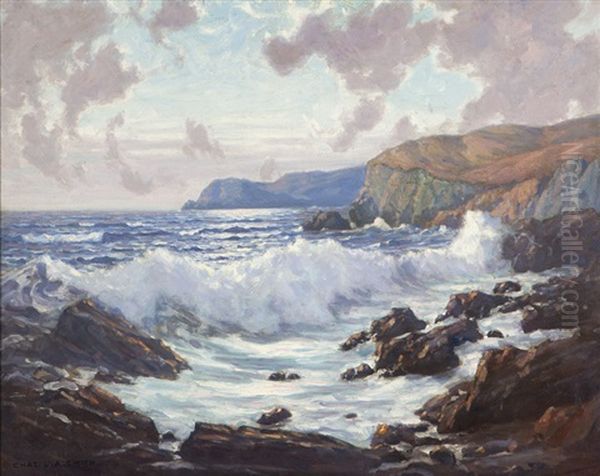 Crashing Waves On A Rocky Coastline Oil Painting by Charles L.A. Smith