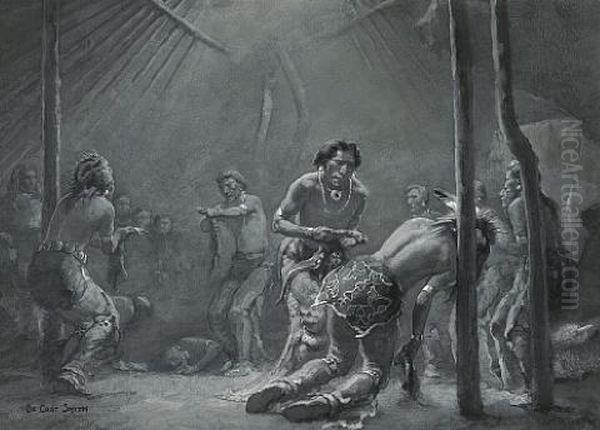 Iroquois Medicine Masks And Turtle Shell Rattle (+ Medicine Dance At Fire Chief's; Pair) Oil Painting by De Cost Smith