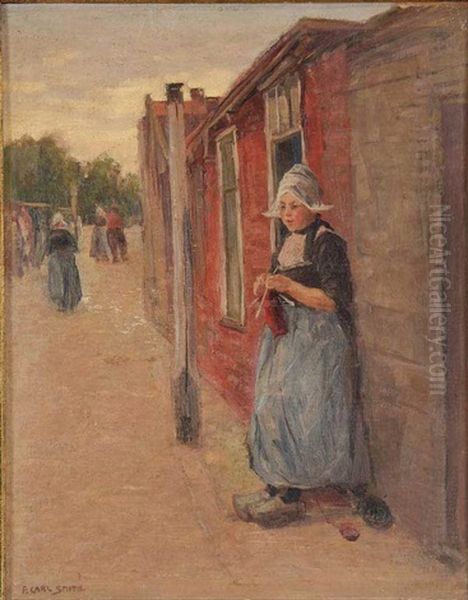 Knitting Out Of Doors - Volendam, Holland Oil Painting by Frederick Carl Smith
