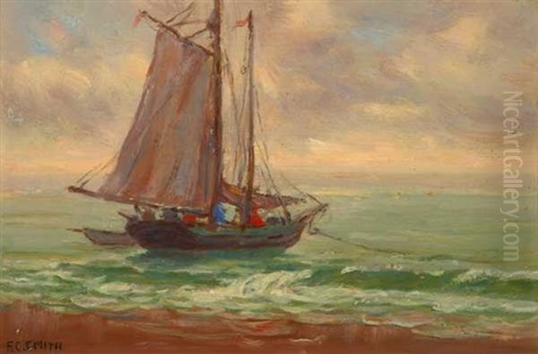 Sailboat Outside Surf Line Oil Painting by Frederick Carl Smith