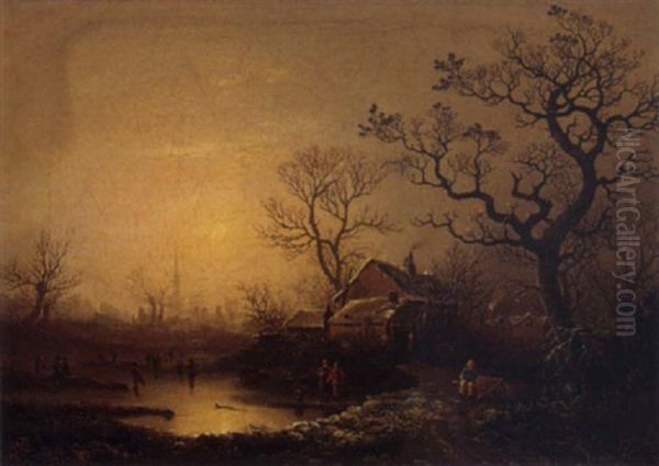 Figures Skating In A Winter Landscape Oil Painting by George Smith