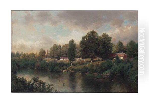 River Landscape With Ducks And Figure In A Boat Oil Painting by Henry Pember Smith
