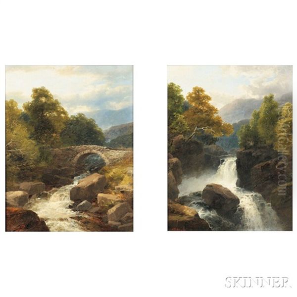 Pair Of Landscapes With Waterfalls: On The Ti..., Wales Oil Painting by James Burrell Smith