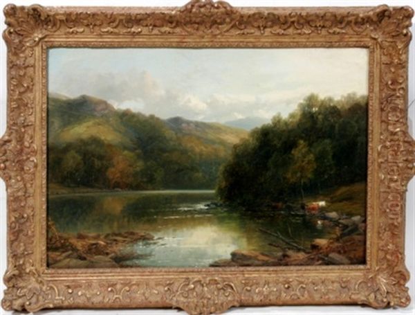 A River Scene With Cattle On The Shore Oil Painting by James Burrell Smith
