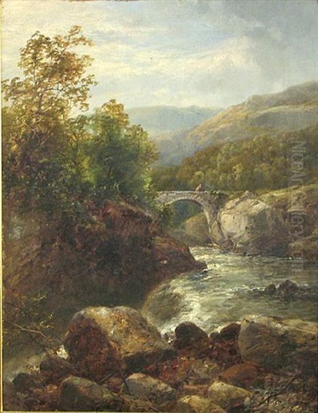 A River Landscape With A Footbridge In The Distance Oil Painting by James Burrell Smith