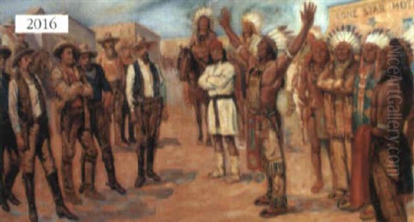 Blue Eagle Comanche Chief: Peace With The Texas Rangers Oil Painting by Jerome Howard Smith