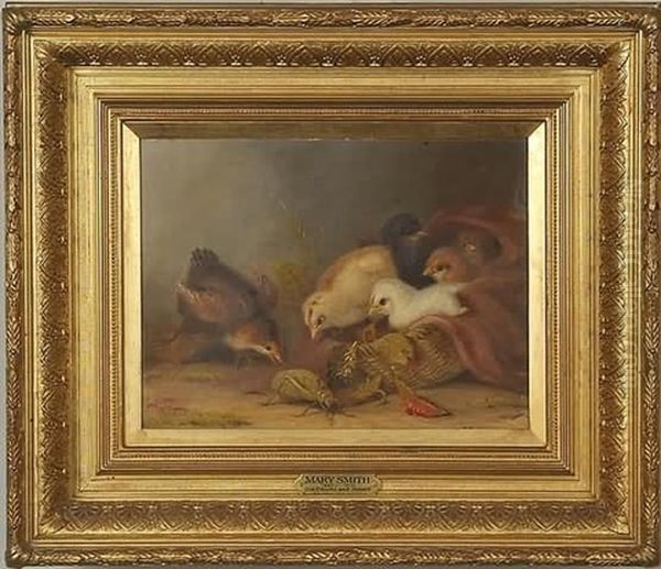 Six Chicks With Basket And Insects Oil Painting by Mary Russell Smith