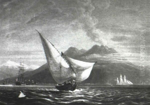 Sail Boat At Sea, With The Eruption Of Mt. Vesuvius Oil Painting by Robert Smith