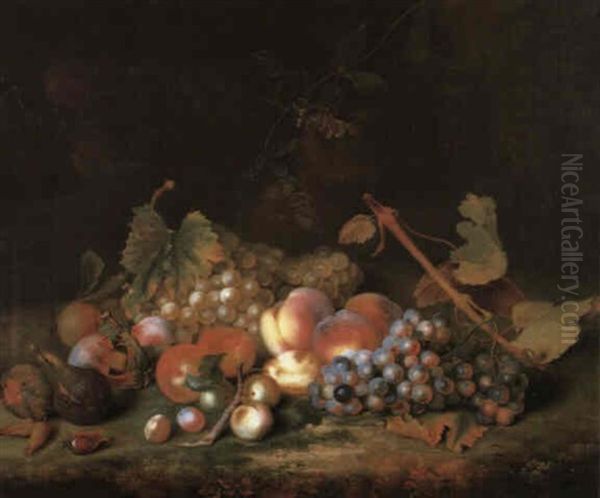Still Life Of Grapes, Peaches, Figs, Plums And Cobnuts On A Mossy Bank Oil Painting by Smith, William